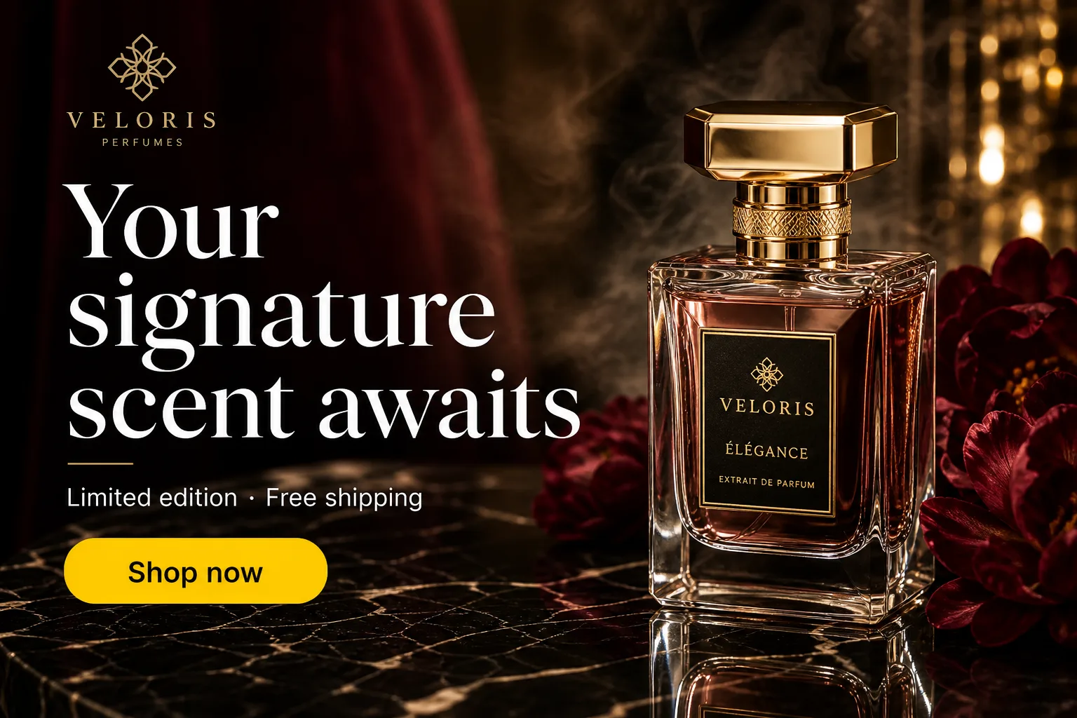 Scroll-stopping luxury perfume ad creative with real product photography and Shop now CTA