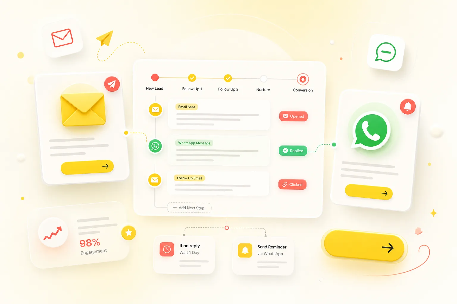 Modern email and WhatsApp marketing hero with nurture flow, message bubbles and follow-up checkpoints