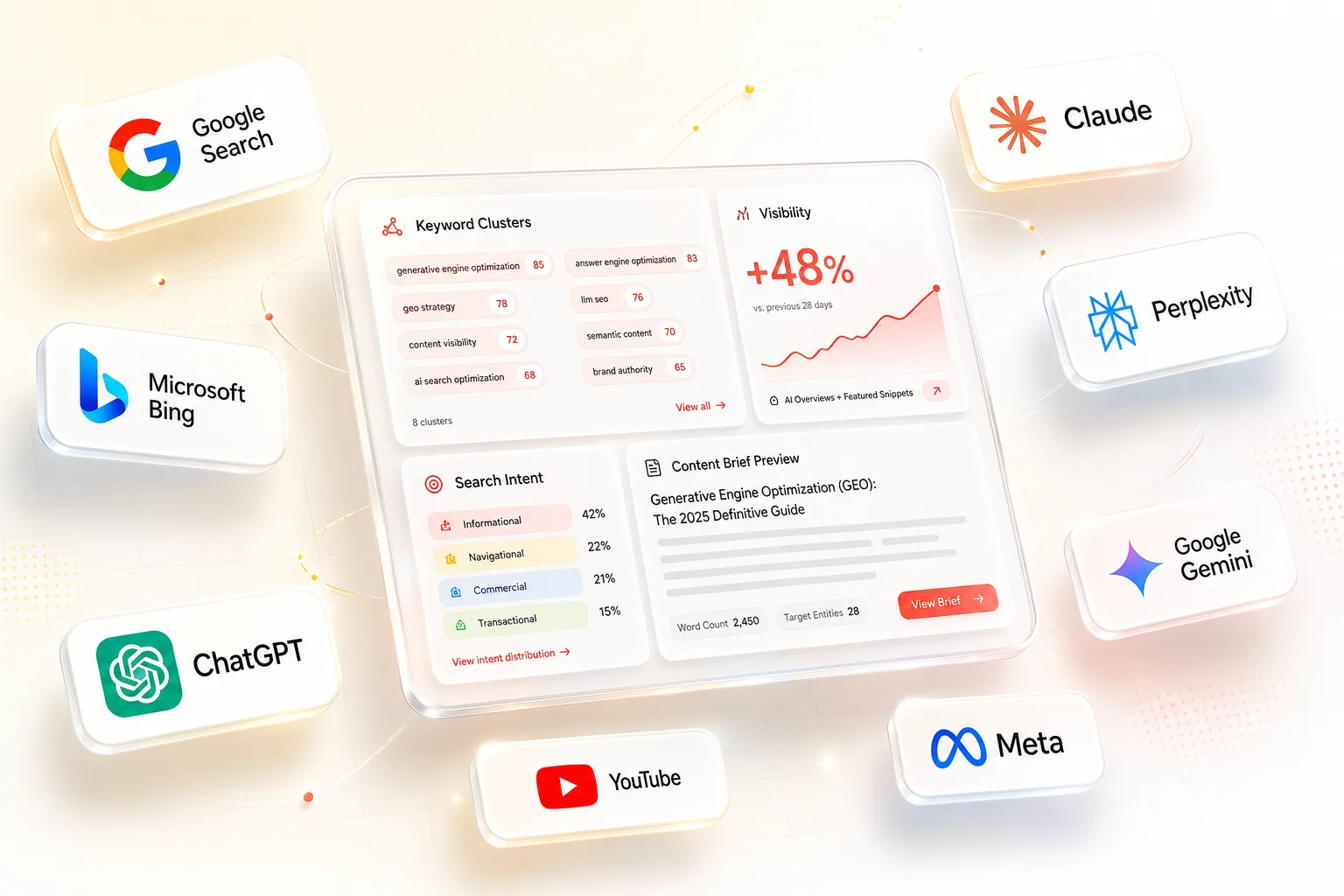Modern SEO and GEO dashboard with Google, Bing, ChatGPT, Claude, Perplexity and Gemini platform visibility