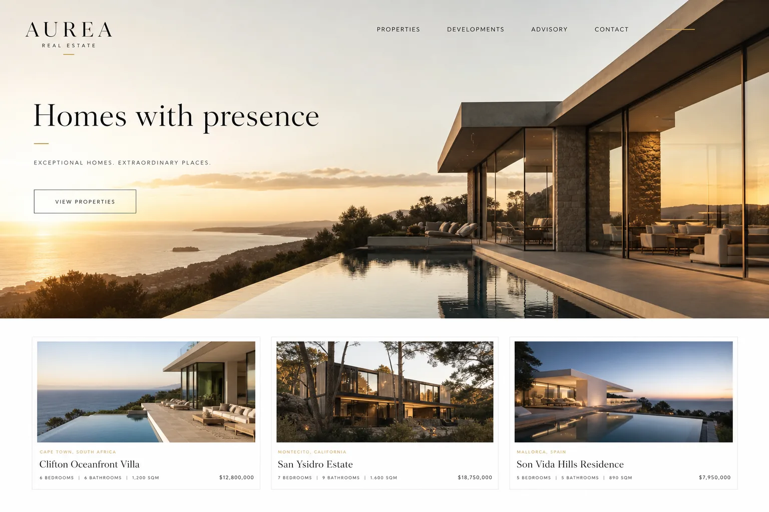Minimal luxury real estate website with architectural hero imagery and refined property listings